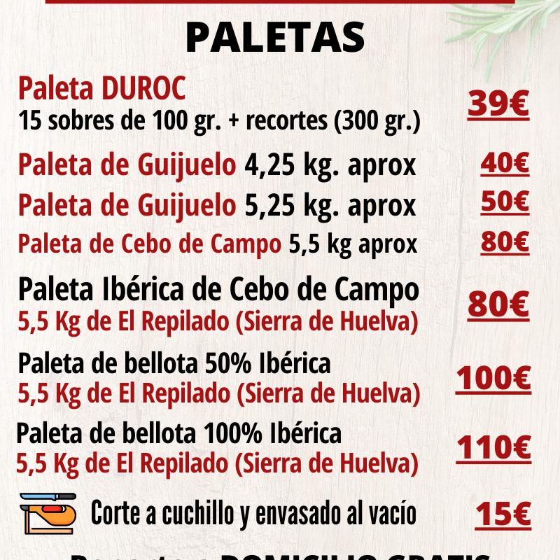 Venta de Paletas y jamones ibéricos. Por piezas o cortados a cuchillo y en envasados al vacío. También charcutería ibérica, quesos, lotes ibéricos y lotes loncheados... Envío a domicilio gratuito en Alcalá de Guadaíra