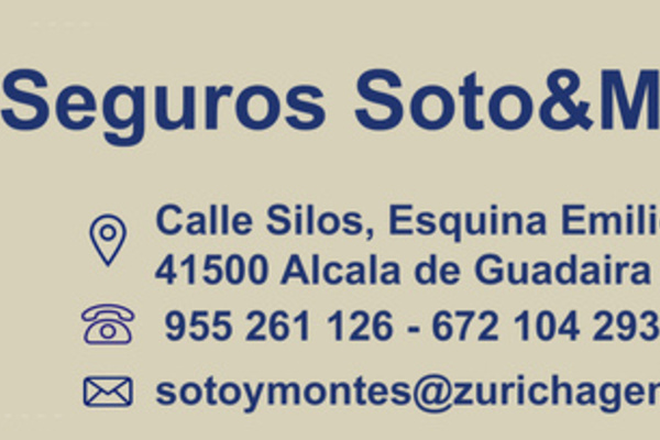 La agencia Soto&Montes agentes de Zurich desde hace mas de 10 años, con el objetivo de ofrecer el mejor servicio en el mundo de los seguros. Especialistas en Seguros de empresa-comercios y particulares. Es por eso que confiamos en Zurich seguros, la calidad de sus productos va alineada con nuestro propósito. En la actualidad contamos con más de 500 clientes que avalan nuestro trabajo. Si tú también quieres que te ayudemos a encontrar la solución que más se adapta a tus necesidades, acércate a nuestra oficina, llámanos o envíanos un email.